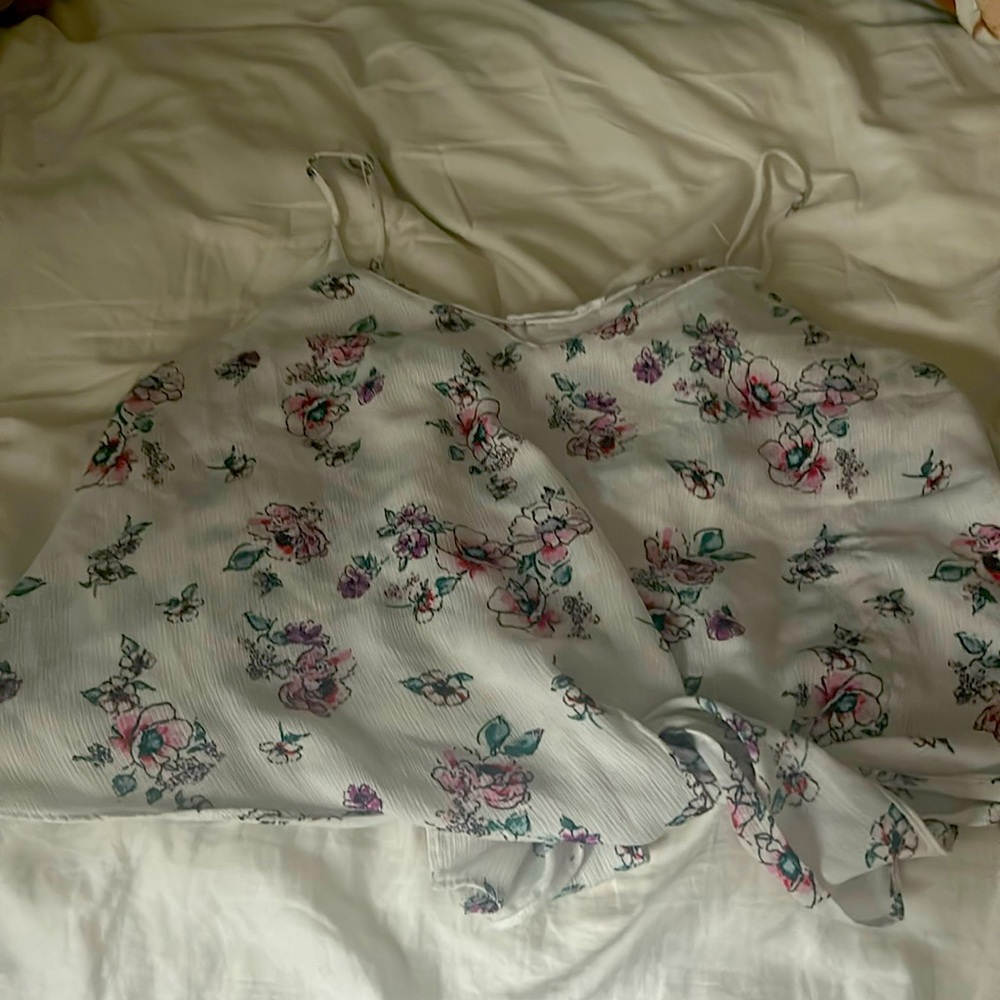 White floral pattern spaghetti strap tank with tie detail